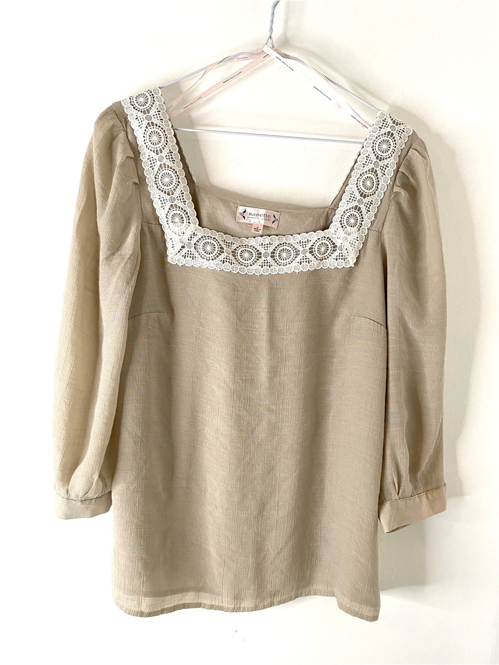 Nanette Lepore Warm Sand White Lace Square Neck Peasant Blouse